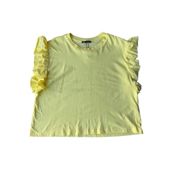 ZARA Yellow Flutter Ruffled Sleeves Crop Tee Size L - Picture 5 of 8